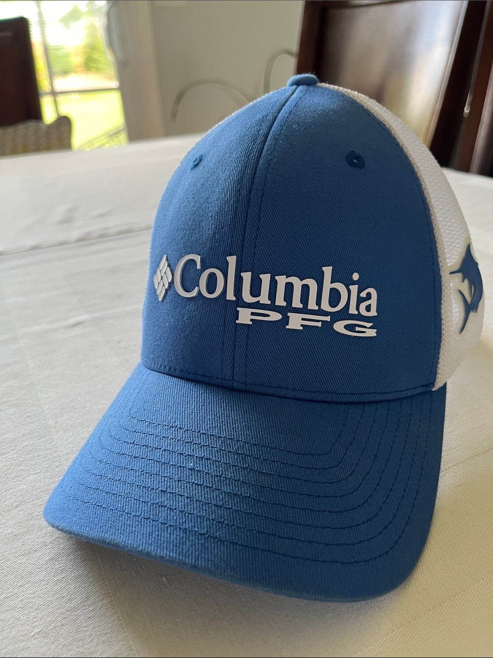 Columbia PFG Blue and White Mesh Trucker Hat